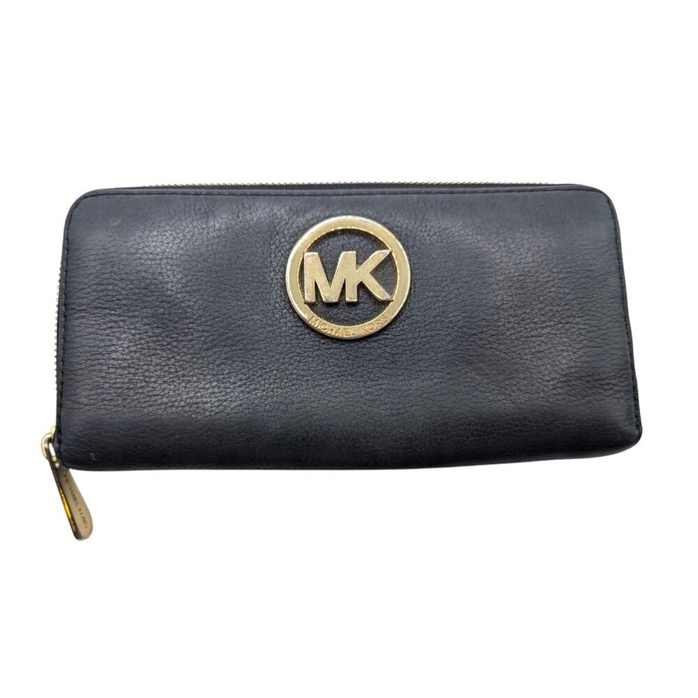 Michael Kors Black Pebbled Leather Zip-Around Wallet With Gold MK Logo & Multipl